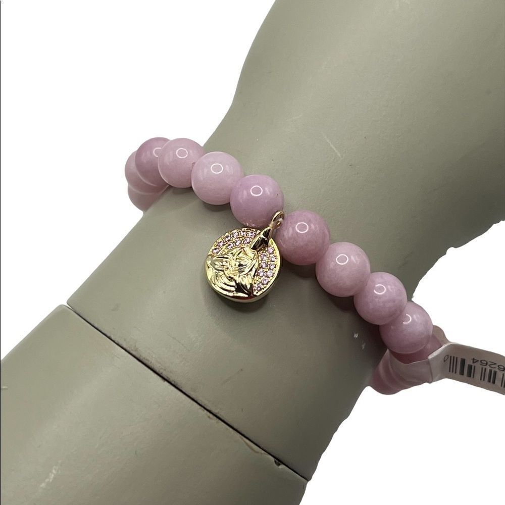 Kesi Jewels Macy's HE29 Rose Quartz Gold-Tone Buddha Charm Bead Bracelet NWT